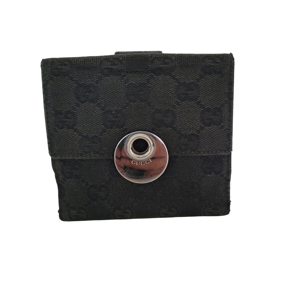 Gucci GG Monogram Canvas Bifold Wallet Black Silver Snap Closure Vintage